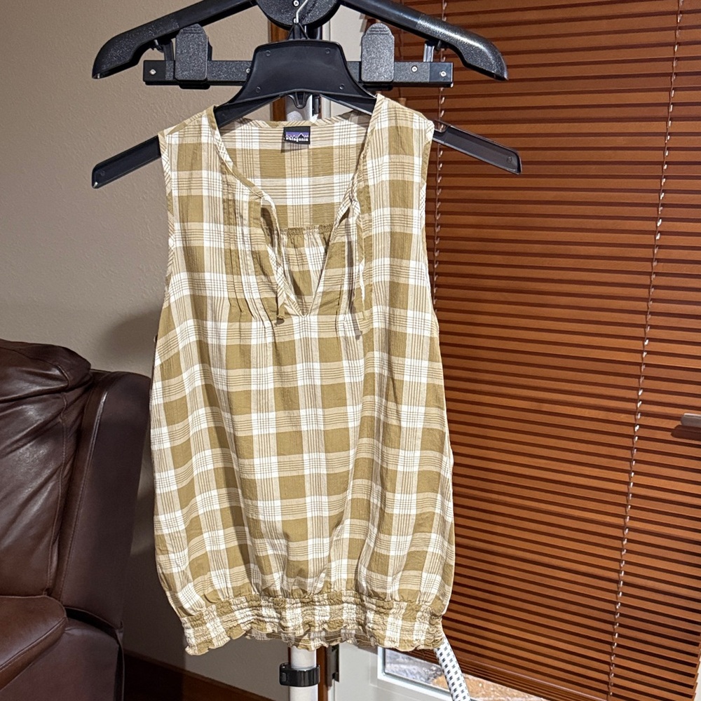 Patagonia Beige and White Plaid Sleeveless Tank Top